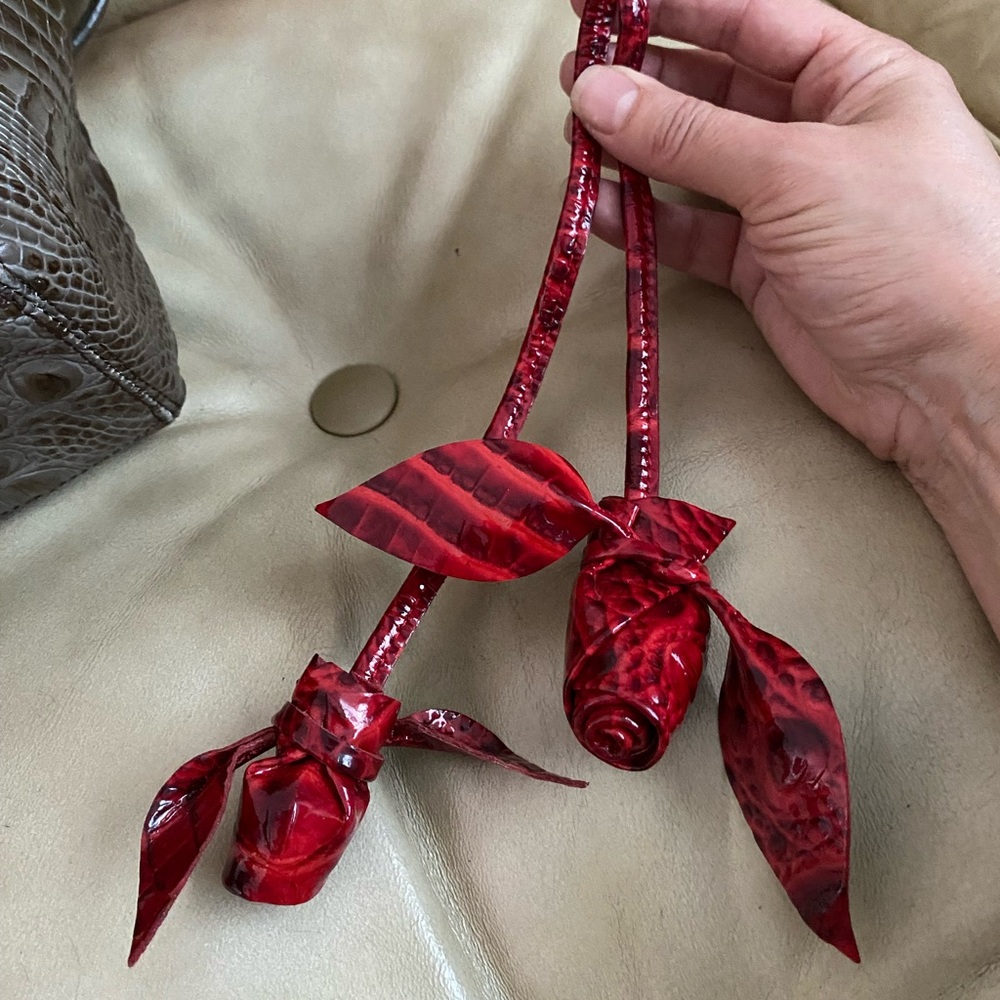 RARE Brahmin Red Lacquer LKNW Glossy Les Roses Double Rose Bag Charm Leather